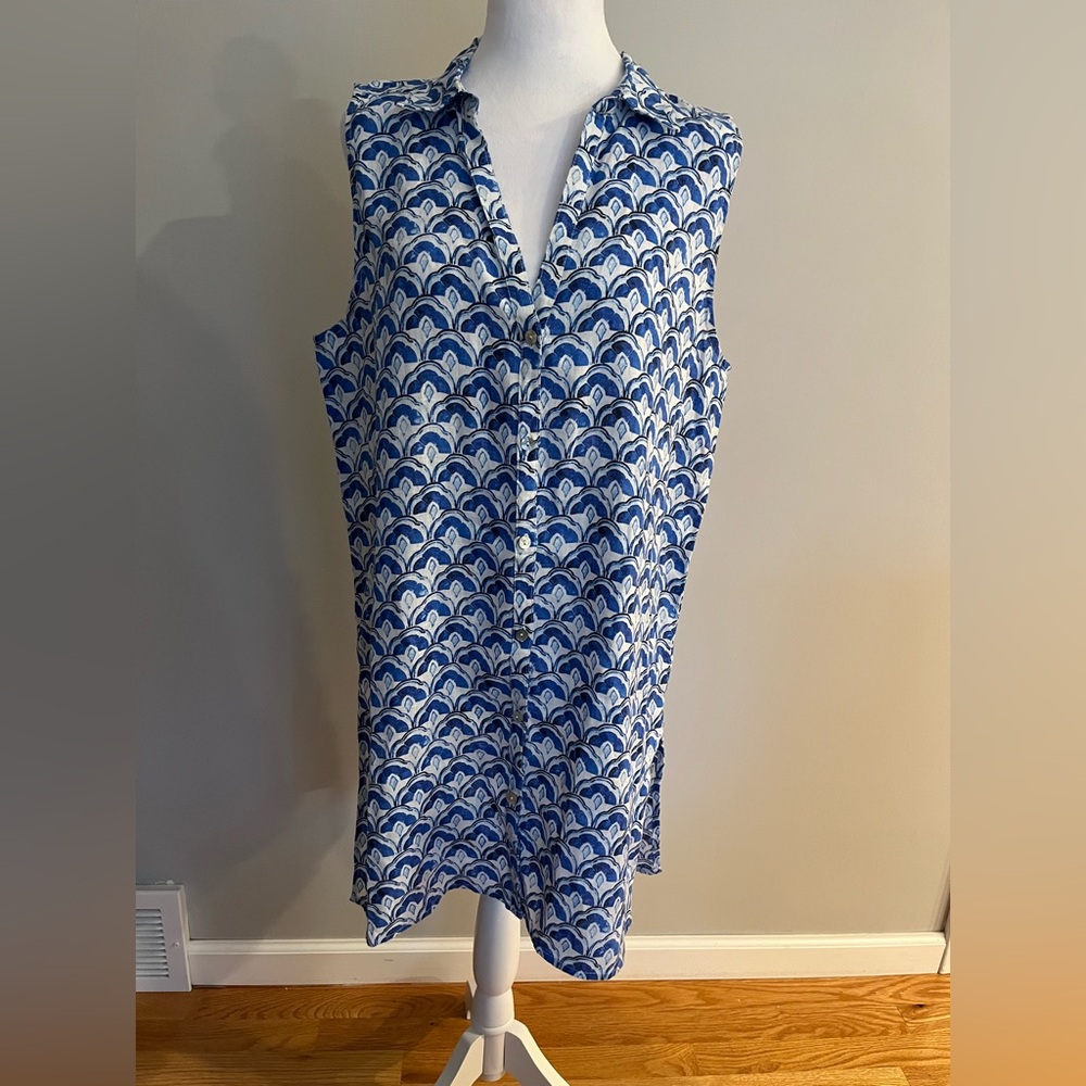 Sigrid Olsen 100% linen dress Lg beach boho blue/white side slits comfy casual